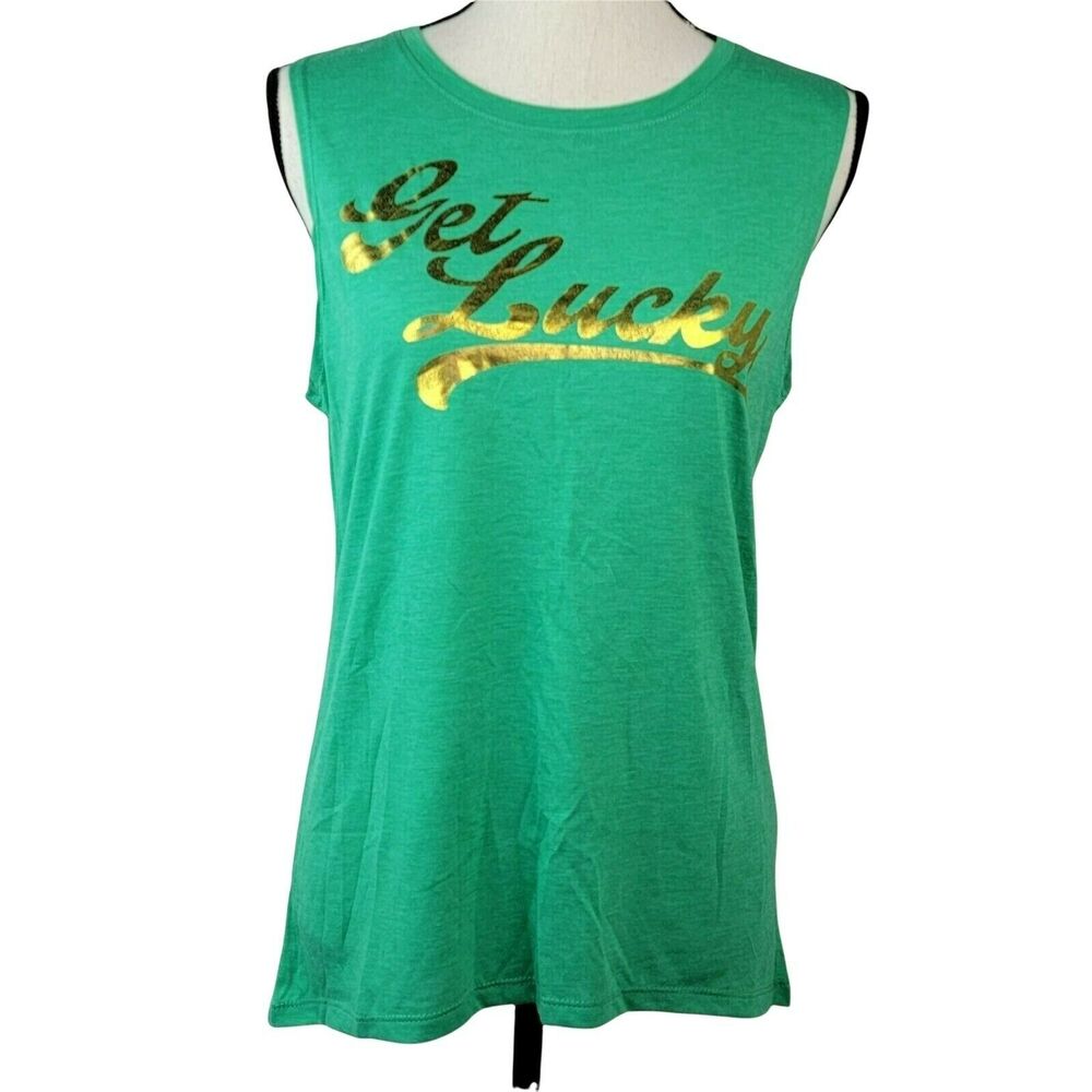 Get Lucky Tank Top Juniors Sz M Green Gold St Patricks Day Tshirt Tee Modern Lux